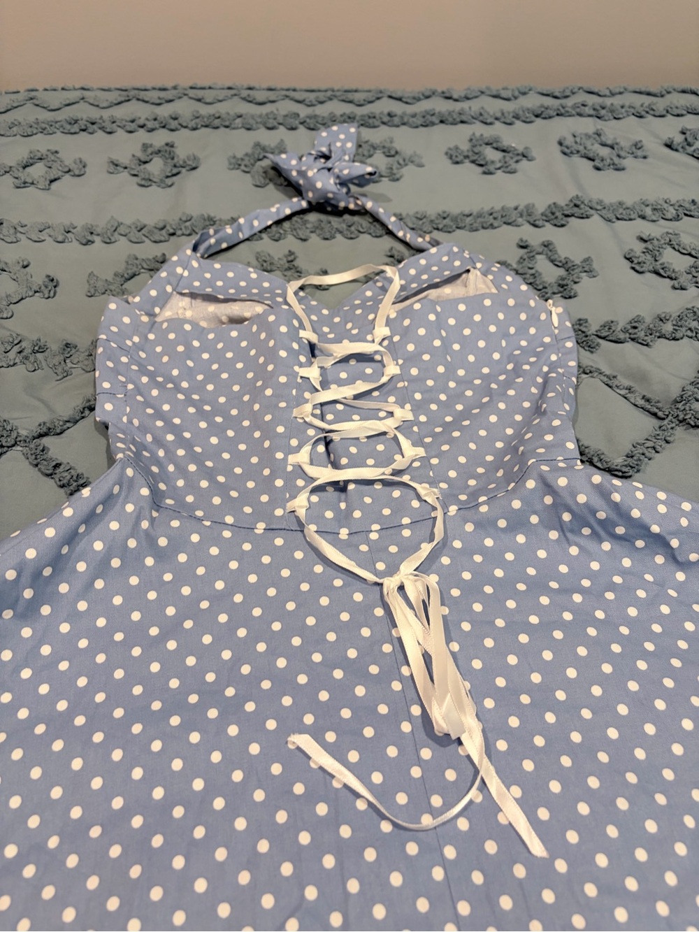 1950s Style Blue Polka Dot Halter Swing Dress Pin Up Rockabilly Retro Size Small - Picture 6 of 7